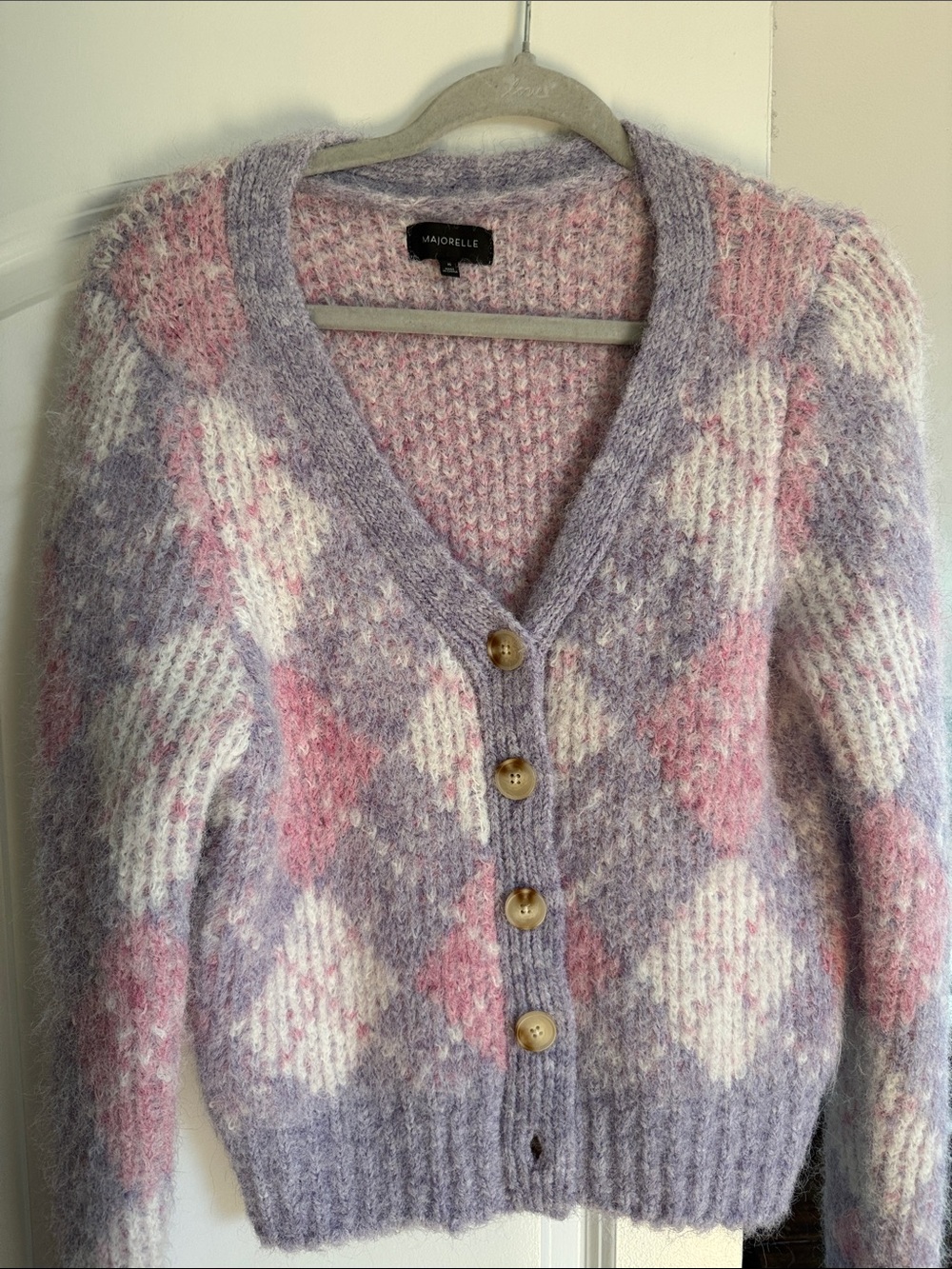 MAJORELLE Pastel Purple & Pink Argyle V-Neck Button Cardigan